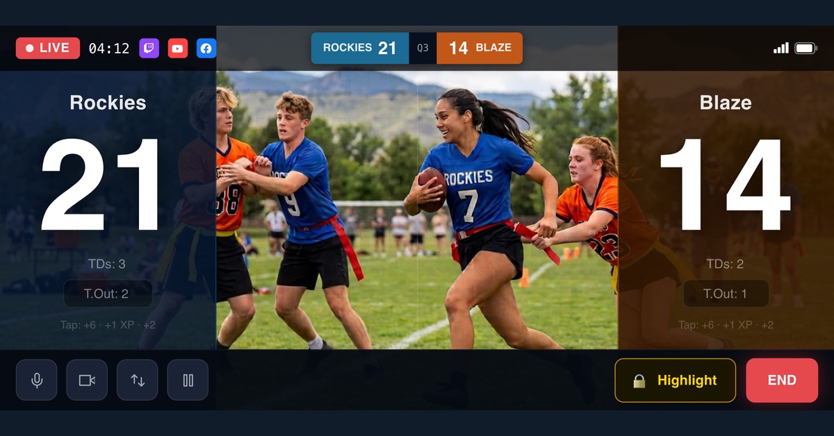 A flag football game streaming live in TeamStreamer with the score overlay on screen.