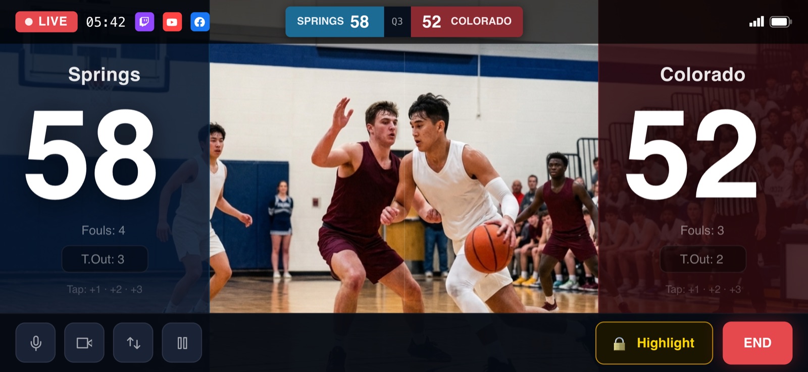 A live basketball broadcast in TeamStreamer with the running score and clock on screen.