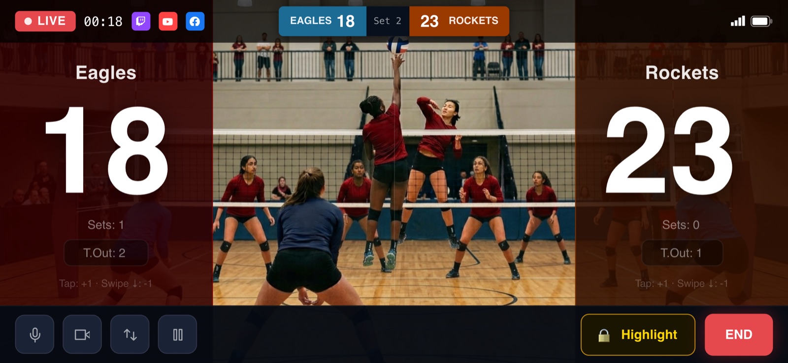 TeamStreamer streaming a live volleyball match: Eagles 18, Rockets 23 in set 2, with the score overlay across the top of the picture.