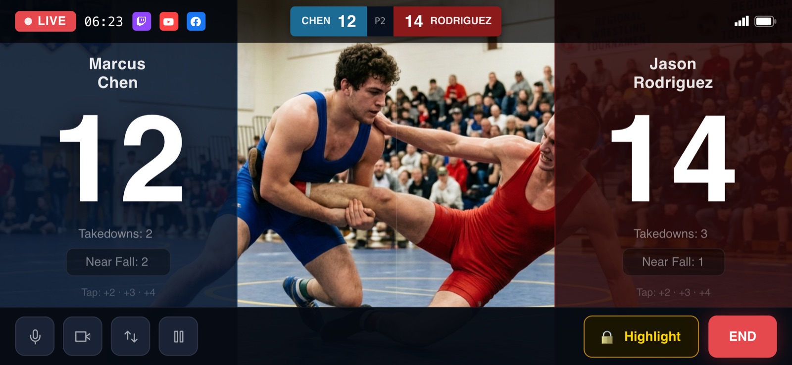 A wrestling bout being scored in TeamStreamer, with period and points shown in the overlay.