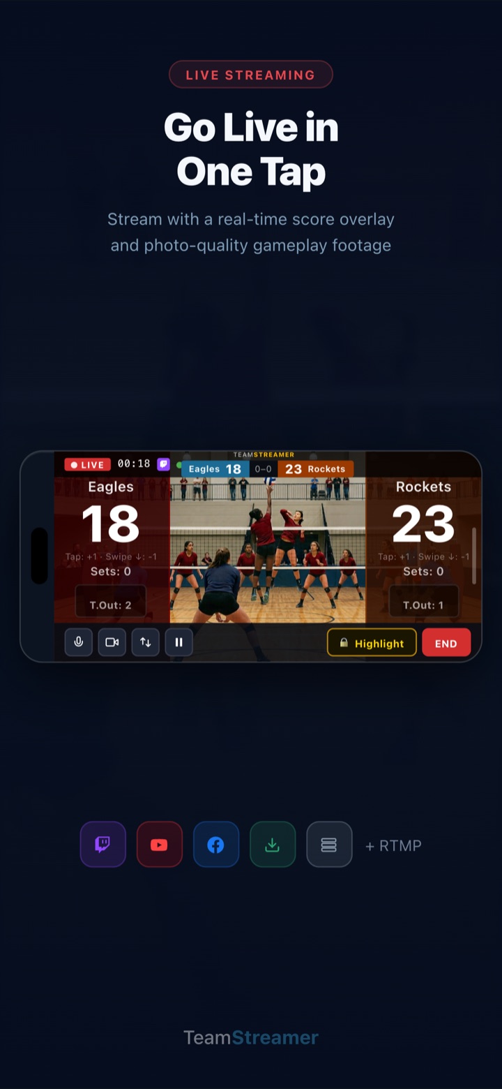 Go live in one tap: a live volleyball stream with a real-time score overlay.