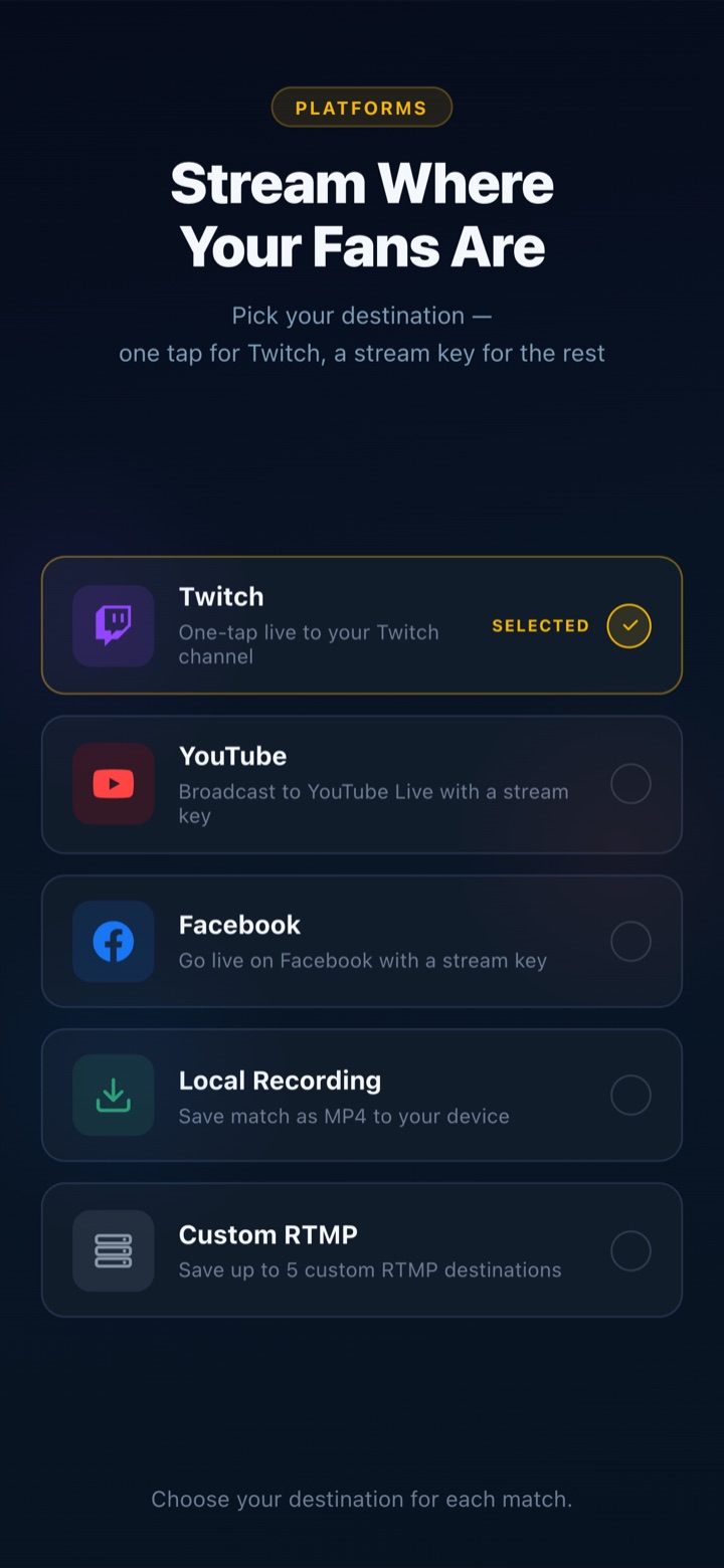 Destination picker: Twitch in one tap, YouTube, Facebook, local recording or a custom RTMP server.